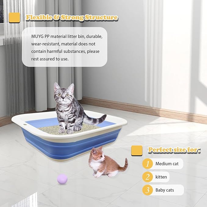 Foldable Kitty Litter Box Open Potty Pan Cat Toilet Portable Cats Litter Box Travel Litter with Scoop Waterproof Low Entrance for Kitten and Cat Toilet Easy Clean 17.7"×13.4"x4.9"(Blue)