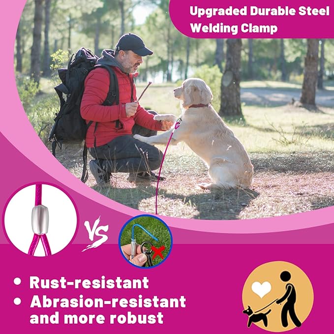 Dog Tie Out Cable 10/15/20/25/30 FT Runner for Yard Steel Wire Cable with Durable Superior Clips Pink Chains for Outside Dog Lead for Large Up to 165 Lbs
