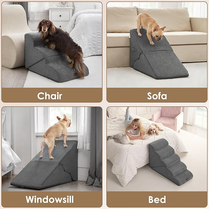 EHEYCIGA Curved Foldable Dog Stairs Ramp for High Beds 22.5" H, 5-Step Dog Steps for Small Dogs and Cats, Pet Stairs for High Bed Climbing, Non-Slip Balanced Pet Step Indoor, Grey