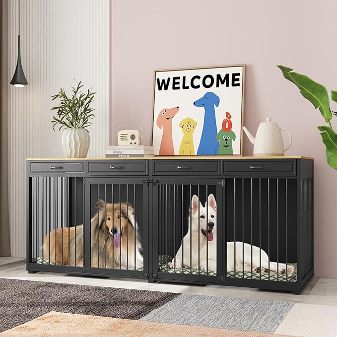 Extra Large Dog Crate with Double Rooms, 93" Heavy Duty Wooden Dog Cage Furniture Dog Crate Kennel w/Drawers & Removable Divider,Indoor Luxury Dog House for Large Dogs,Black