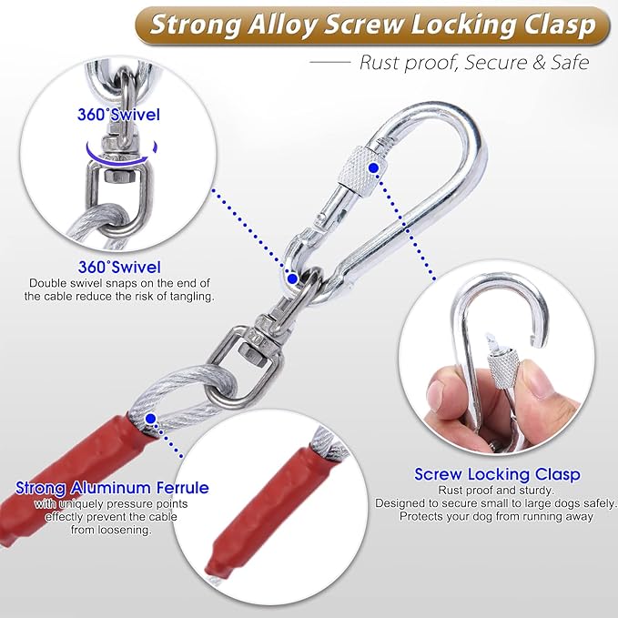 Dog Tie Out Cable for Dogs Outside Up to 125/250lbs,10/20/30/50FT Long Dog Leashe&Chains,Small-Large Dogs Runner Cable for Yard,Heavy Duty Dog Lead Line for Outdoor,Camping,Yard(250lbs 10FT, Silver)