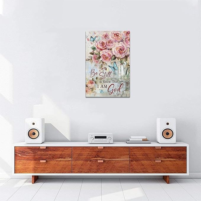 Farmhouse Rose Wall Art Christian Scripture Pictures Pink Rose Wall Decor Rustic Floral Butterfly Canvas Print Painting Artwork for Bathroom Living Room Bedroom 16"x24"