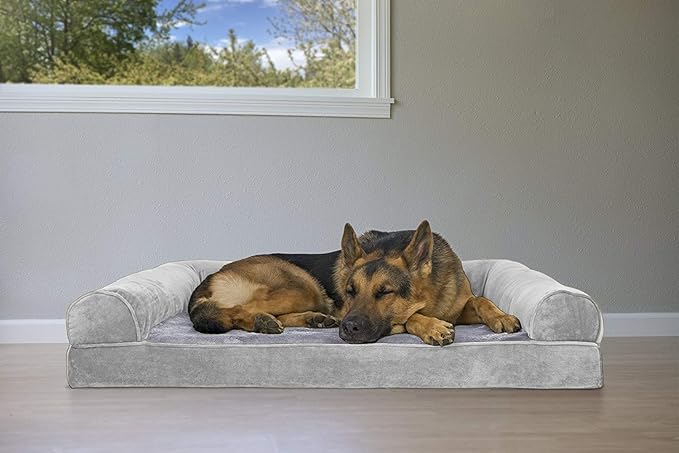 Furhaven Orthopedic Dog Bed for Large Dogs w/ Removable Bolsters & Washable Cover, For Dogs Up to 95 lbs - Faux Fur & Velvet Sofa - Smoke Gray, Jumbo/XL
