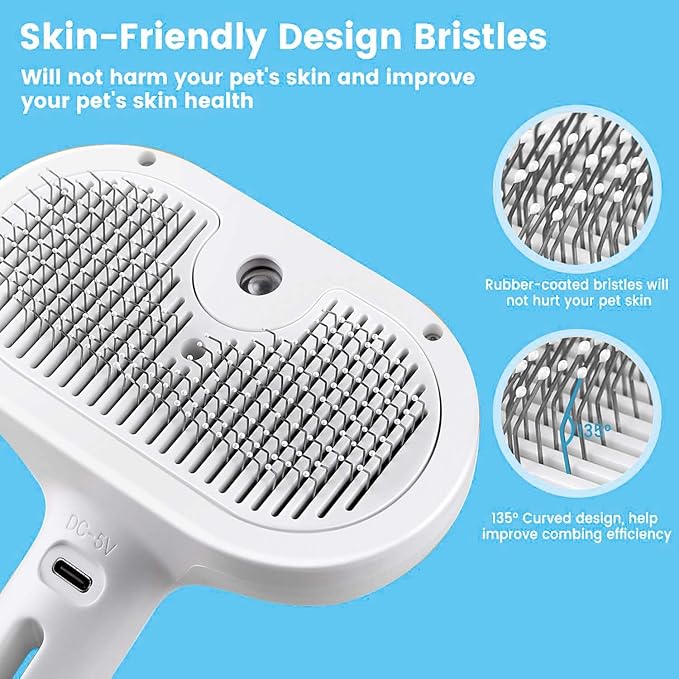 Pet Steam Brush for Dog & Cat – 3-in-1 Spray Hair Removal Comb – Steam Brush for Shedding & Grooming – Water for Long & Short Haired Pets – Spritz Defur Comb (White)