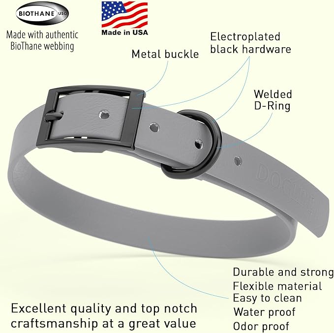Dogline Biothane Waterproof Dog Collar Strong Coated Nylon Webbing with Black Hardware Odor- Proof for Easy Care Easy to Clean High Performance Fits Small Medium or Large Dogs, Battleship Gray