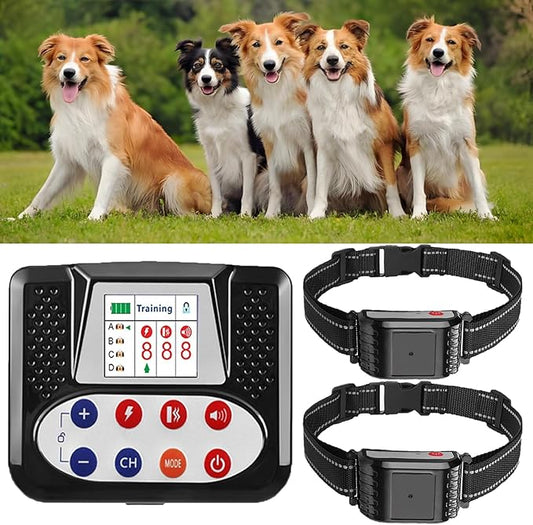 Dog Wireless Fence & Remote Shock Dog Training Collar 2-in-1, Electric Dog Fence, Adjustable Warning Strength & Range Sizes, Rechargeable Pet Boundary Containment System for 1/2/3/4 Dogs,for2dogs