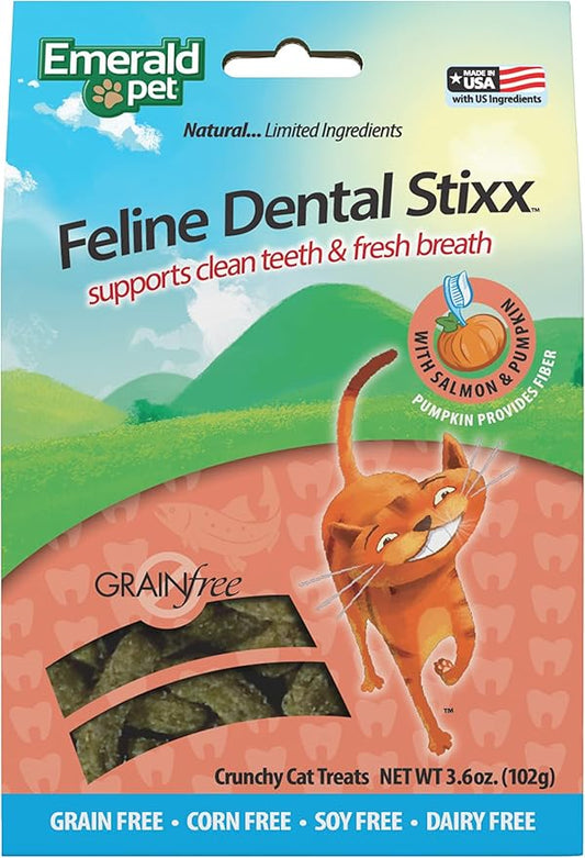 Emerald Pet Feline Dental Stixx — Tasty and Crunchy Cat Dental Sticks with Pumpkin for Digestive Health — Natural Grain Free Dental Treats for Clean Cat Teeth and Fresh Breath — Salmon Stixx, 3.6 oz