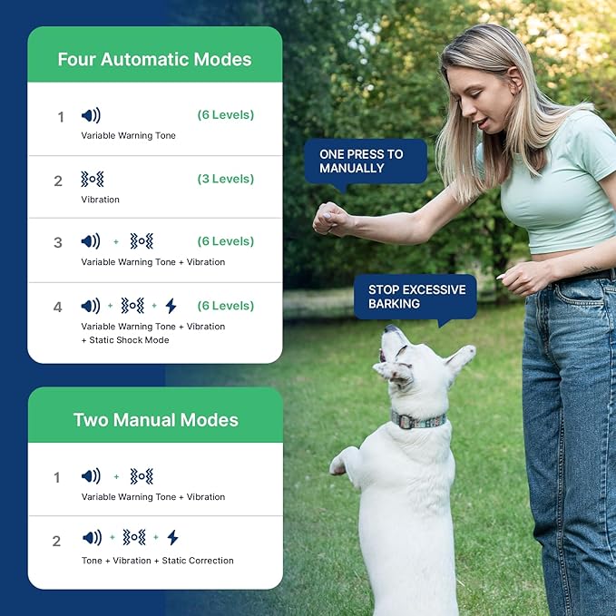 My Pet Command 2-1 Dog Bark Collar with Fob Remote Tag. Smart AI Anti Barking training collar rechargeable 5 sensitivity levels, Beep Vibration, static correction. large medium & small dogs Waterproof
