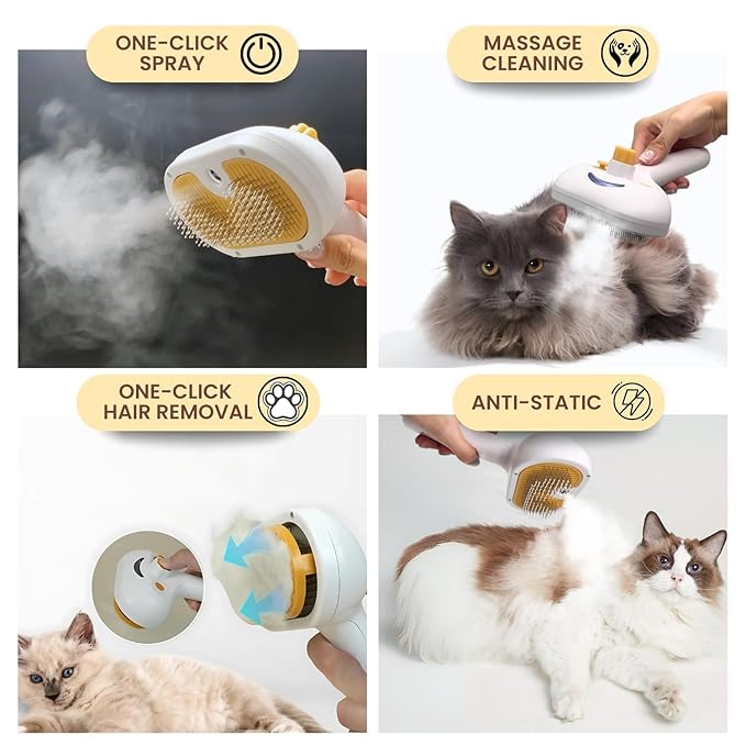 Self Cleaning Steam Brush for Cat Dog, 4 in 1 Pet Brushes for Shedding & Grooming, Bath Massage & Water/Mist Slicker Brush for Long Haired Cats & Dogs- Pet Grooming Brushes with Spray for Cats