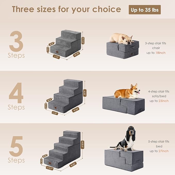 EHEYCIGA Dog Stairs for Small Dogs 13.5" H, 3-Step Dog Steps for Couch Sofa and Chair, Pet Steps for Medium Cats, Non-Slip Balanced Pet Ramp Indoor, Grey