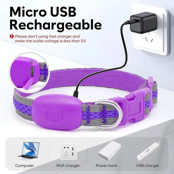 Flashseen LED Cat Collar,Light Up Dog Collar Rechargeable, Dog Lights for Night Walking, Comfortable Soft Mesh Pet Collar Adjustable for Cats Puppy and Small Dogs (Purple, XS)