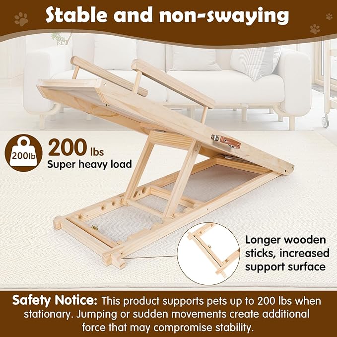 Dog Ramp for Couch, Bed or Car, Wooden 44" Long Pet Stairs for Small & Large Old Dogs & Cats, Hold up to 200lb, 5 Adjustable Height from 14.96" to 22", Portable Doggie Steps, Excellent Traction