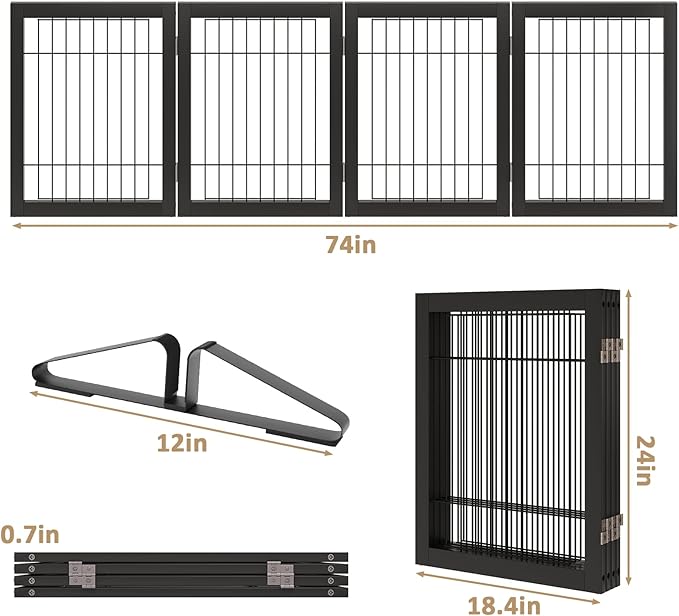 Dog Gate Wire Dog Gates for House Doorways Stairs 24-Inch Freestanding Pet Gate Puppy Fences Indoor (4 Panel, Black)