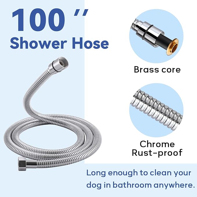 Dog Shower Attachment, 3 Mode Handheld Sprayer with ON/OFF Switch, G1/2" Metal Diverter, 100 Inches Stainless Steel Hose, No Drill Holder, for Pet and Dog Washing in Bathroom