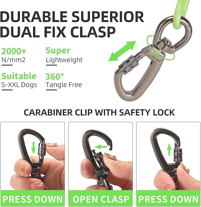 Dog tie Out Cable, 10/20/25/30/50/70/100 feet, Suitable for Dogs up to 350 pounds, Dog Cable with Swivel Buckle, Lightweight, Non-Winding, for Outdoor Camping, Yard Dog Cable (Green, 50FT)