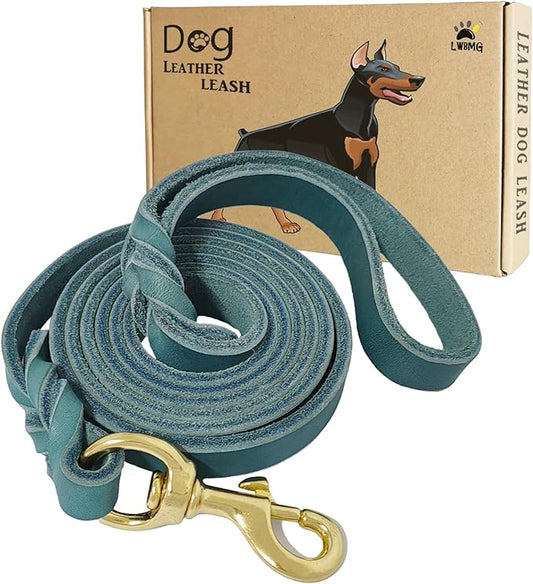 LWBMG Leather Dog Leash 6ft x 1/2 inch Heavy Duty Dog Leash, Strong Sturdy Genuine Leather Braided Dog Leash, Soft and Comfortable Leather Leash for Large, Medium and Small Dogs Training Blue