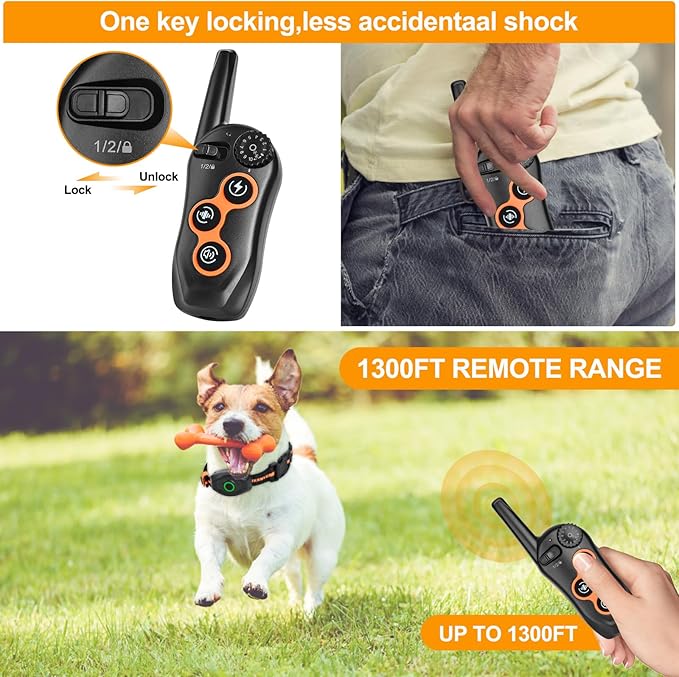 Dog Shock Collar with Remote Control,1300Ft,IP67 Waterproof Dog Training Collar with 3 Training Modes, Beep, Shock, Vibration,Safe Lock for Small, Middle,Large Dogs (Orange O+B)