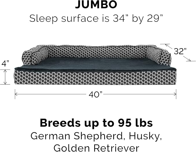 Furhaven Memory Foam Dog Bed for Large Dogs w/ Removable Bolsters & Washable Cover, For Dogs Up to 95 lbs - Plush & Woven Decor Comfy Couch Sofa - Diamond Gray, Jumbo/XL