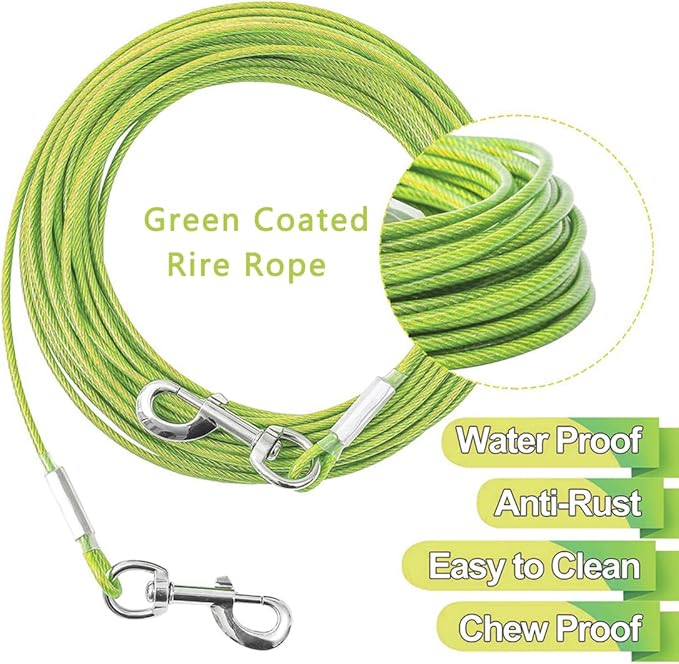 10FT Heavy Duty Dog Tie Out Cable for Large Dogs up to 125lbs, Durable Runner Tether Line (Green)