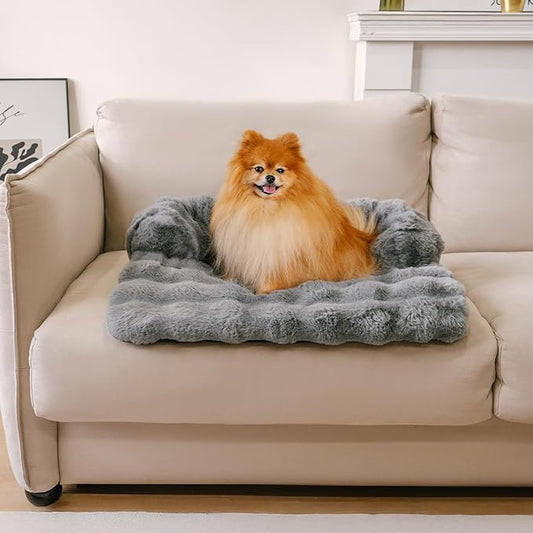 FUNNY FUZZY Pet Fluffy Fuzzy Couch Cover, Calming Washable Dog Bed Sofa Protector Pets Mat for Small Dogs and Cats (Grey,27.56 × 24.02 × 5.51 in)
