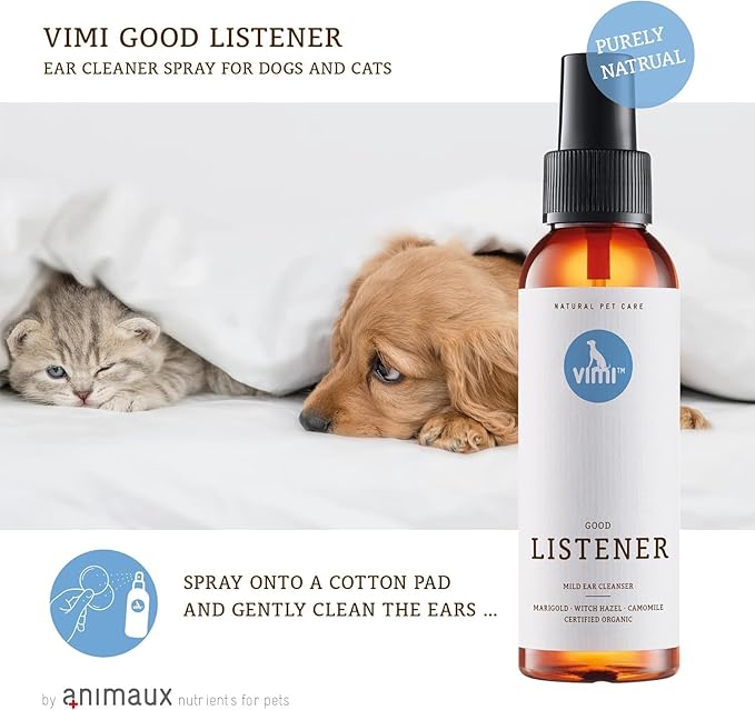 animaux vimi Ear Cleaner Good Listener - Ear Cleaner Spray for Sensitive Dog Ears - Ear Care with Camomile, Calendula & Witch Hazel - for Thorough & mild Cleaning - 3.38 Fl Oz