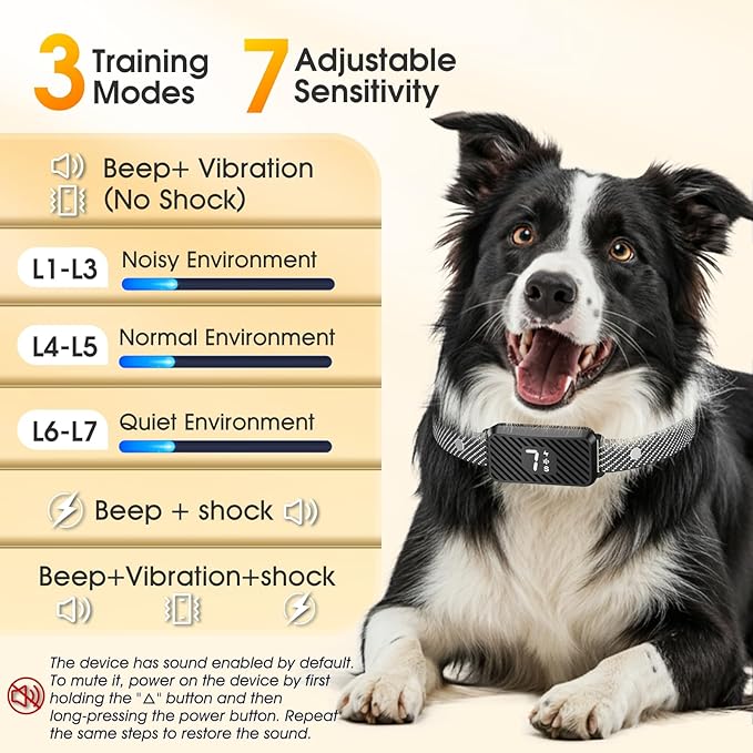 Dog Bark Collar for Large Medium Small Dogs, Rechargeable No-Bark Collar, Smart Barking Collar, Effective Bark Collar with 7-Level Sensitivity, 3 Beep & Vibration Modes, Waterproof, Black