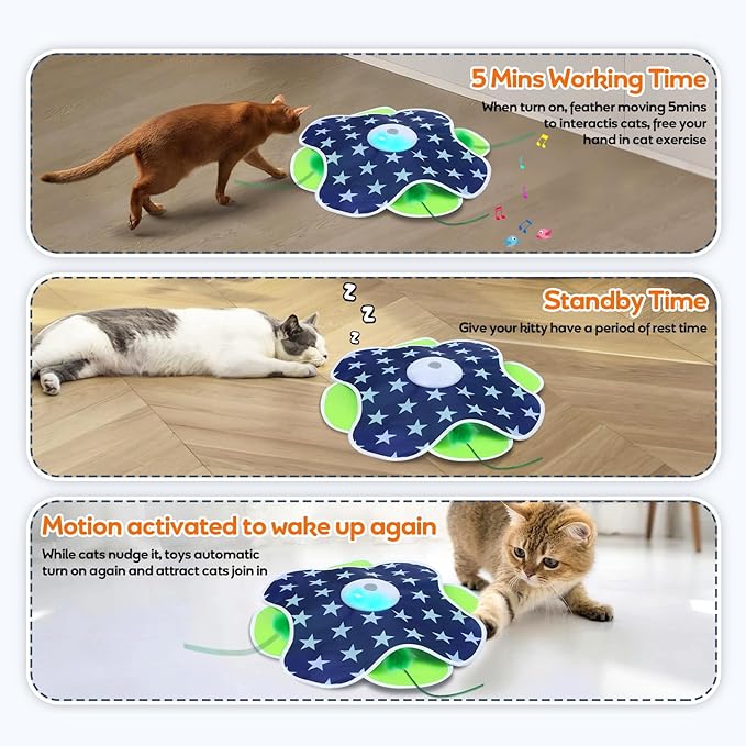 Interactive Cat Toys Auto Moving Feather Concealed in Mat,Motion Activated Cat Toys with Mouse Squeaky, Cat Exercise Toys for Bored Cats
