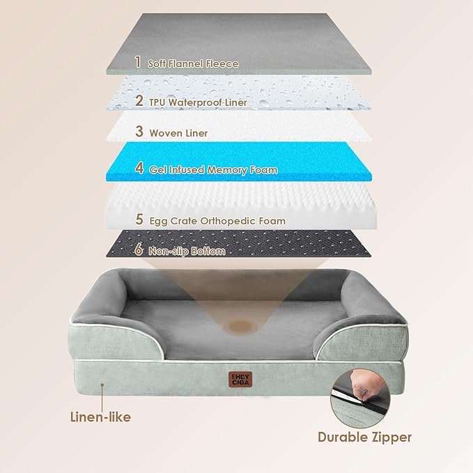 EHEYCIGA Orthopedic Dog Beds for Extra Large Dogs, Waterproof Memory Foam XL Dog Bed with Sides, Non-Slip Bottom and Egg-Crate Foam Big Pet Couch Bed with Washable Removable Cover, Greyish Green