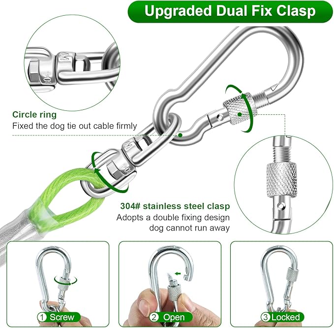 Dog Tie Out Cable for Outside,15FT Heavy Duty Dog Leash&Chains with Swivel Hook,Small-Large Dogs Runner Cable Up to 250lbs, Long Dogs Lead Line for Yard Outdoor and Camping(250lbs 15FT, Green)