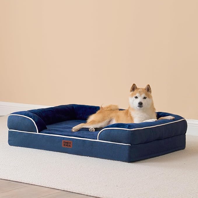 EHEYCIGA Orthopedic Dog Beds for Large Dogs, Waterproof Memory Foam Large Pet Bed with Sides, Non-Slip Bottom and Egg-Crate Foam Dog Couch Bed with Washable Removable Cover, Navy
