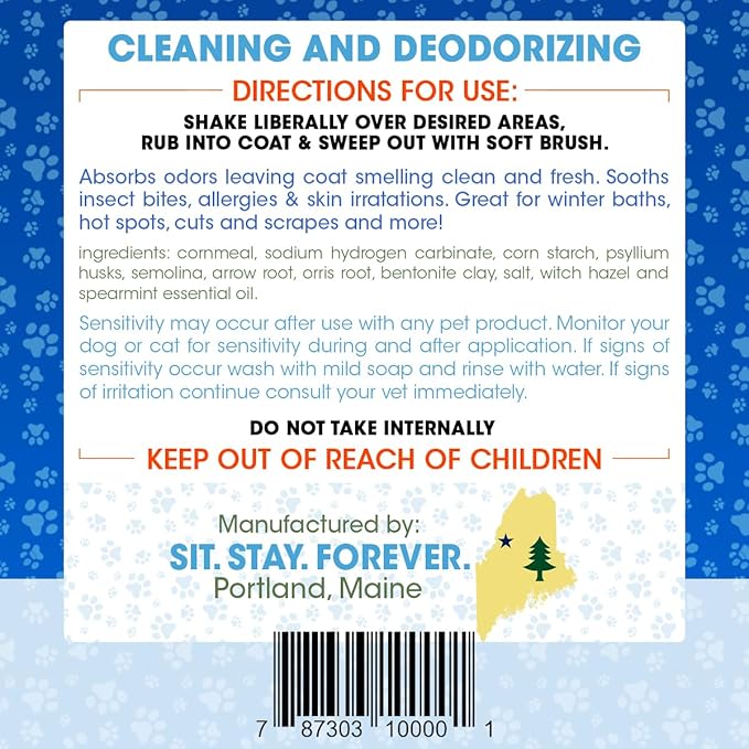 Sit. Stay. Forever. Dry Shampoo for Dogs & Cats – Organic Dry Bath Powder, Talco para Perros, Hypoallergenic, Odor Control for Smelly Dogs, No-Rinse, Anti-Itch, Safe & Natural, Made in The USA, 7 oz