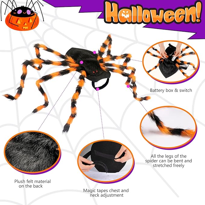 Dog Halloween Costumes, Furry Dog Spider Costume with 64 LED, Giant Spider Halloween Costume for Medium Large Dogs, Funny Costumes for Cat Pet Halloween Party Cosplay (Orange)