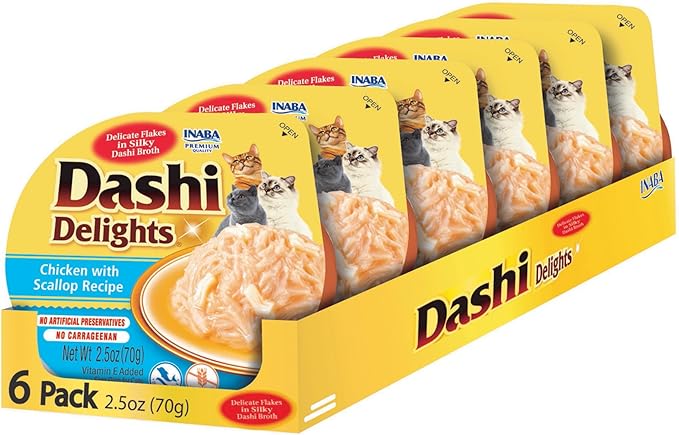 INABA Dashi Delights for Cats, 2.5 Ounce Cup, 6 Cups Total, Chicken with Scallop Recipe