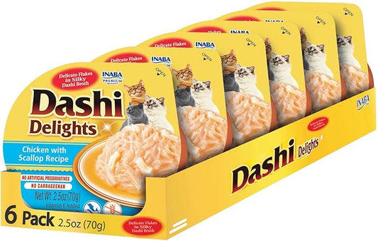 INABA Dashi Delights for Cats, 2.5 Ounce Cup, 6 Cups Total, Chicken with Scallop Recipe