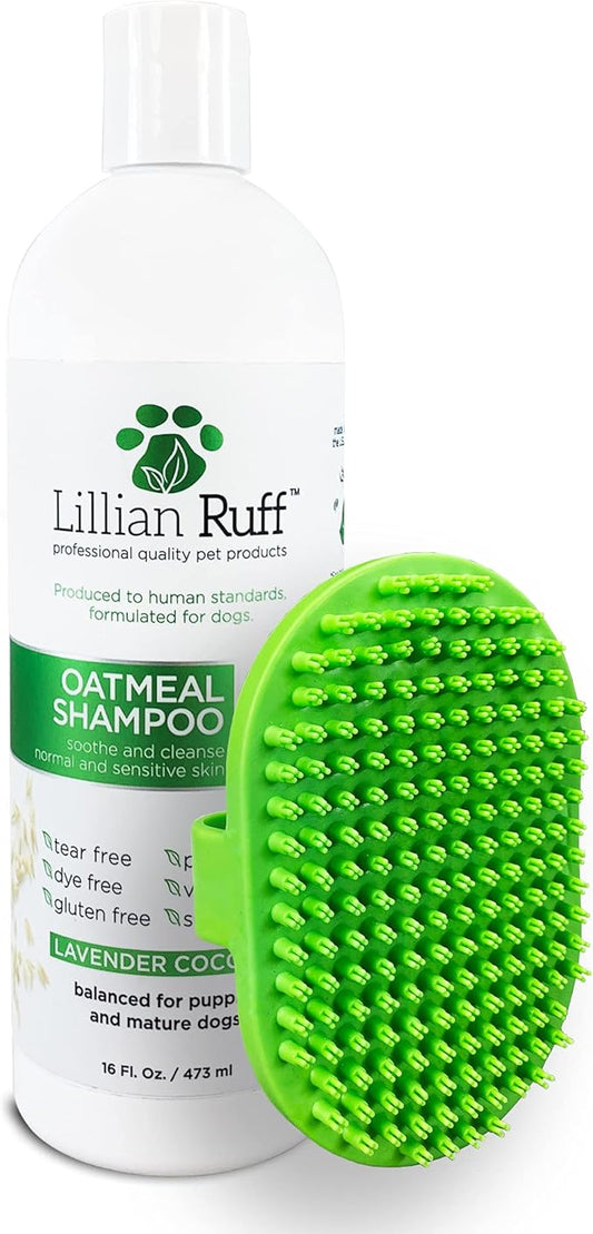 Lillian Ruff Calming Oatmeal Pet Shampoo for Dry Skin & Itch Relief with Aloe & Hydrating Essential Oils - Replenish Moisture & Deodorize - Gentle Dog Shampoo for Normal/Sensitive Skin (16oz & Brush)