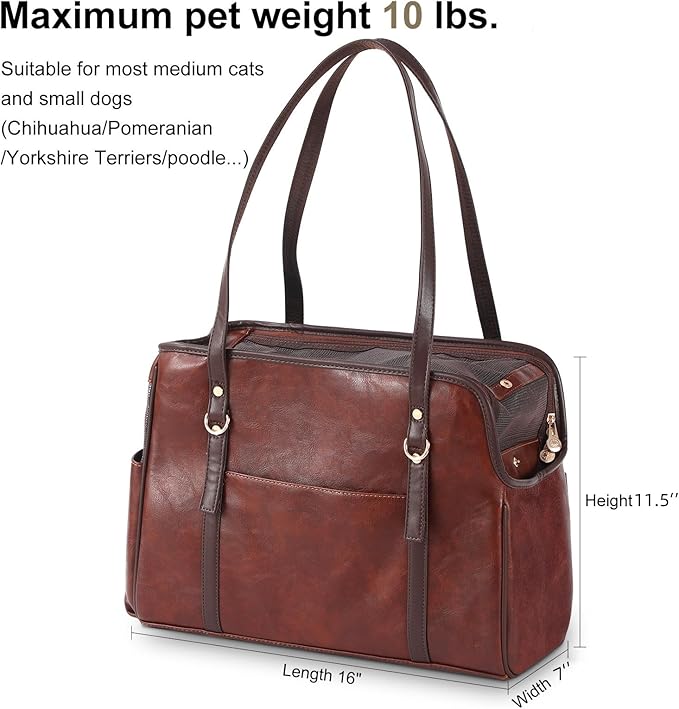 Dog Carrier Purse, Fashion Leather Pet Carrier with Pockets, Airline Approved Soft Sided Dog Carrying Bag for Puppy Cat Dog Coffee