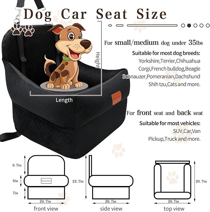 Dog Car Seat-Dog Booster Car Seat with 7''Interior Height,Pet Travel Car Seat with 2 Safety Leashes,Car Dog Seat Restraint Small/Medium Dog up to 35 lbs,Detachable Washable,Easy to Install(H-Black)