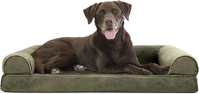 Furhaven Orthopedic Dog Bed for Large/Medium Dogs w/ Removable Bolsters & Washable Cover, For Dogs Up to 55 lbs - Faux Fur & Velvet Sofa - Dark Sage, Large