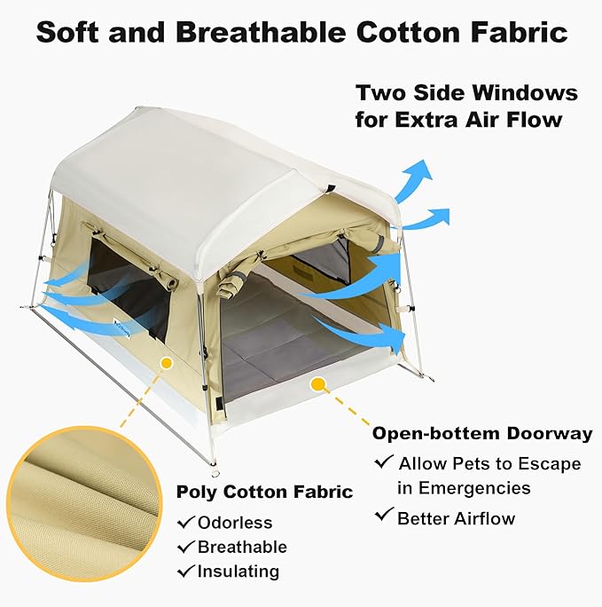 Dog Tent Cotton Fabric, Aluminum Poles and Camping Mat, Outdoor Weatherproof, Dog House Outdoor, Breathable with 2 Side Windows, Portable and Collapsible (Green, Large)