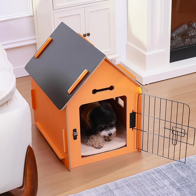 Dog House Indoor for Small Dogs or Cats, Cozy Wooden Design, Small Indoor Bed House, with Air Vents and Elevated Floor Warm Dog Cave (Orange)