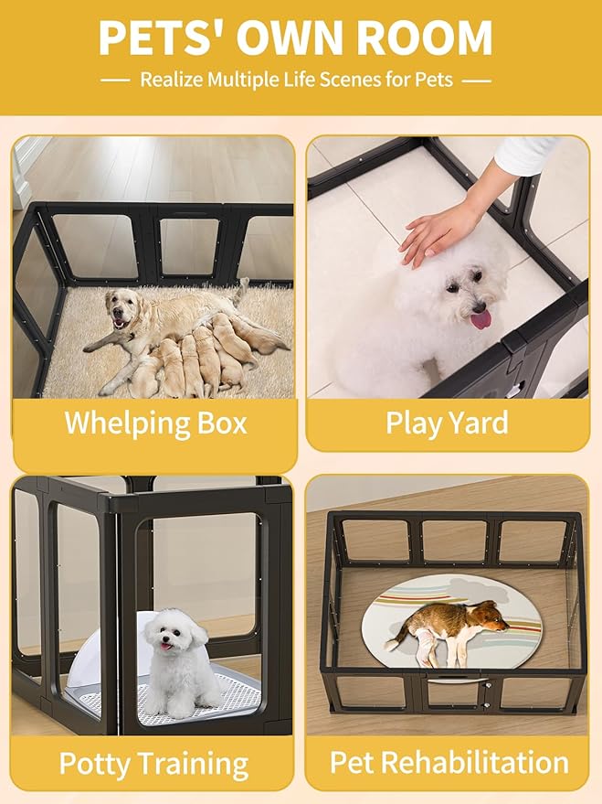 Dog Playpen, Clear Acrylic Plastic Puppy Playpen Indoor, Pet Pen for Puppy Cat Bunny, Transparent Easy Assemble Foldable Whelping Box for Dogs, Puppy Playpen with Gate (23.6" Height, 10PCS)