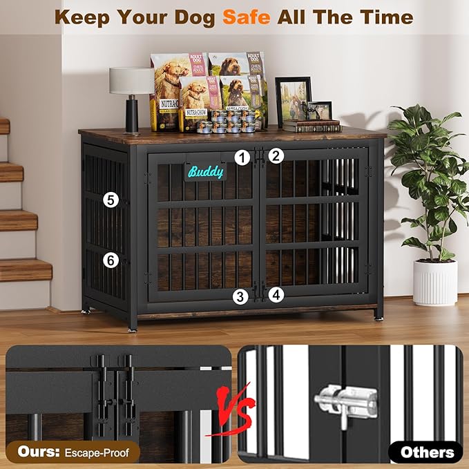EasyCom 48"/42"/33" Dog Crate Furniture with Name Tag, Heavy Duty Dog Kennel Indoor for Large Dogs, Escape-Proof and Chew-Proof Dog Cage for high Anxiety Dog, Decorate House as TV Stand, End Table