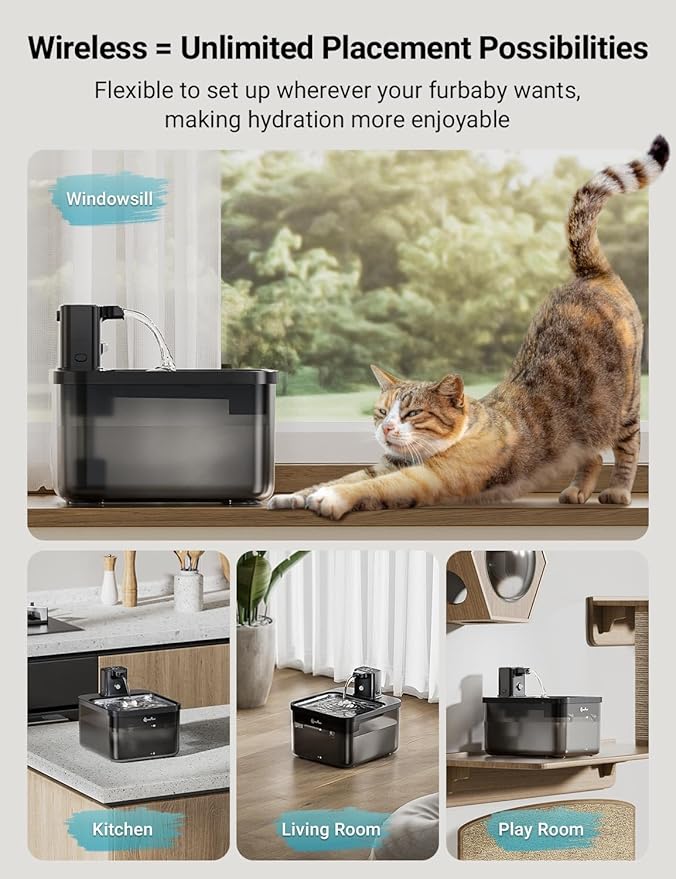 DownyPaws Cat Water Fountain Stainless Steel Cordless, 84oz/2.5L Fursink Wireless Pet Water Fountains for Cats Indoor, Battery Operated Cat Drinking Fountain, Ultra Quiet Pump, BPA-Free, Black