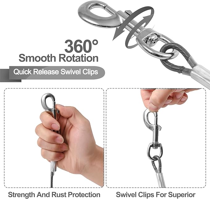 10FT Heavy Duty Dog Tie Out Cable for Large Dogs up to 125lbs, Durable Runner Tether Line (Black)