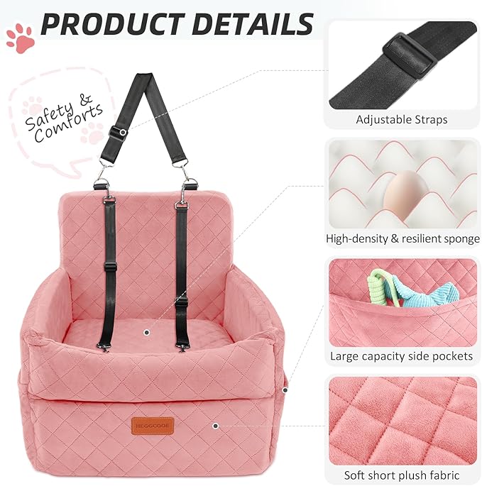 Dog Car Seat for Small Medium Dogs, Memory Foam Puppy Dog Booster Seat with Thick Cushion for Dogs Under 35lbs, Detachable Washable Pet Car Seat Travel Bed with Storage Pockets,2 Safety Belts