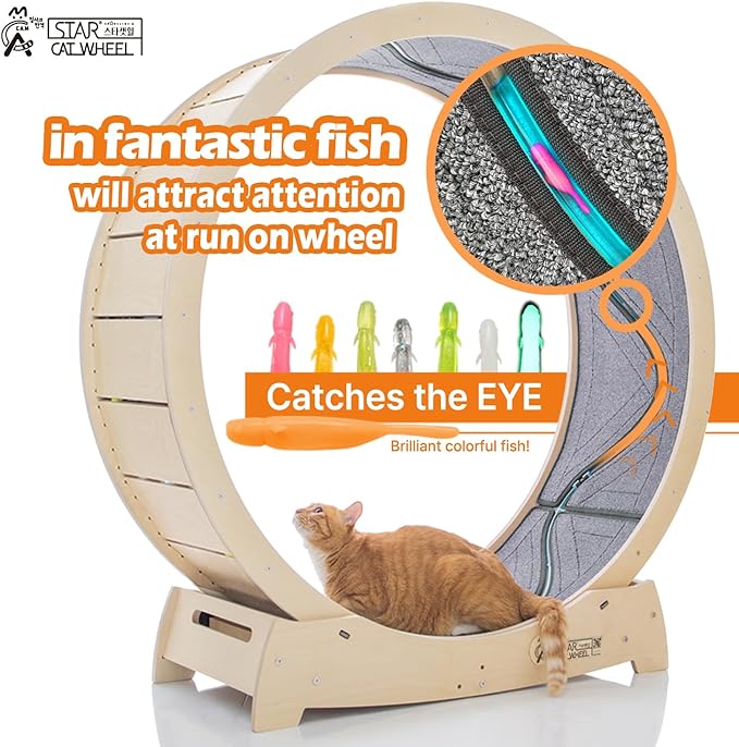 Star Cat Wheel, Cat Treadmill, Exercise Wheel for Running, Spinning, Scratching, and Climbing for Indoor Cats, Premium Birch Wood, Eco-Friendly, Moving Fish, Wide Running Track, 47.2 inch XL Size