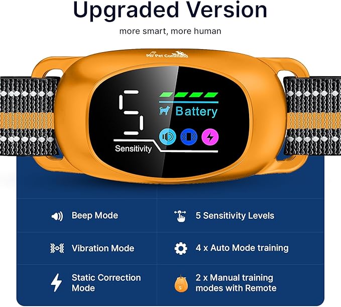 My Pet Command 2-1 Dog Bark Collar with Fob Remote Tag. Smart AI Anti Barking training collar rechargeable 5 sensitivity levels, Beep Vibration, static correction. large medium & small dogs Waterproof