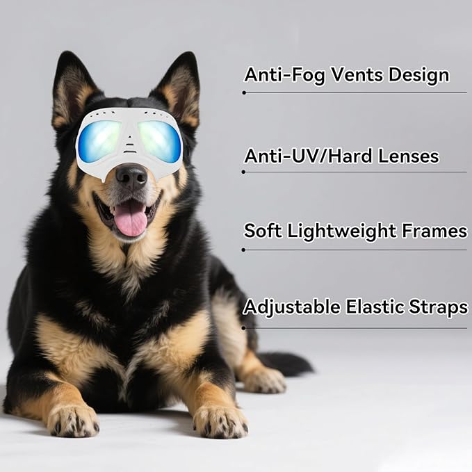 Dog Goggles for Medium-Large Breeds Windproof Anti-UV Pet Sunglasses with Adjustable Straps for Large Dog - White
