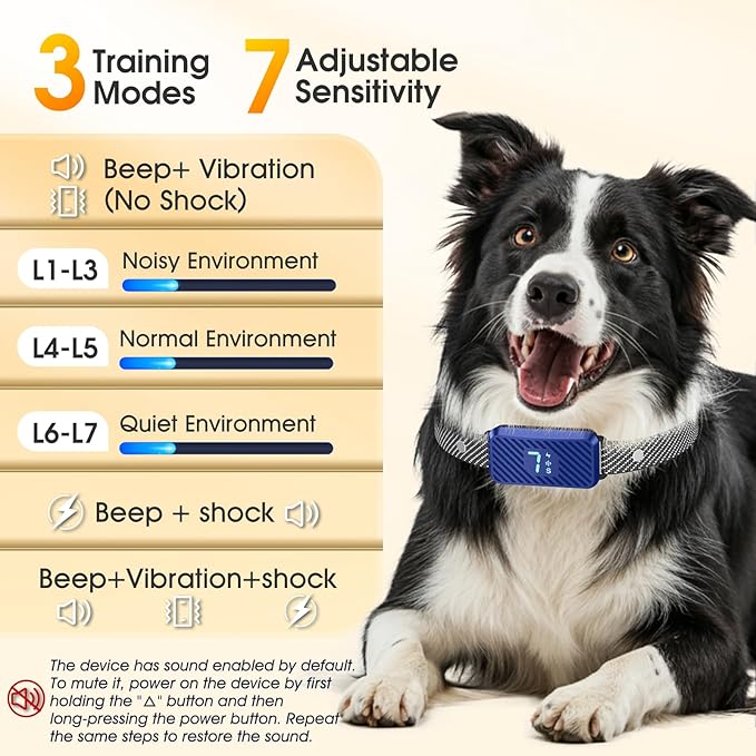 Dog Bark Collar for Large Medium Small Dogs, Rechargeable No-Bark Collar, Smart Barking Collar, Effective Bark Collar with 7-Level Sensitivity, 3 Beep & Vibration Modes, Waterproof, Darkblue