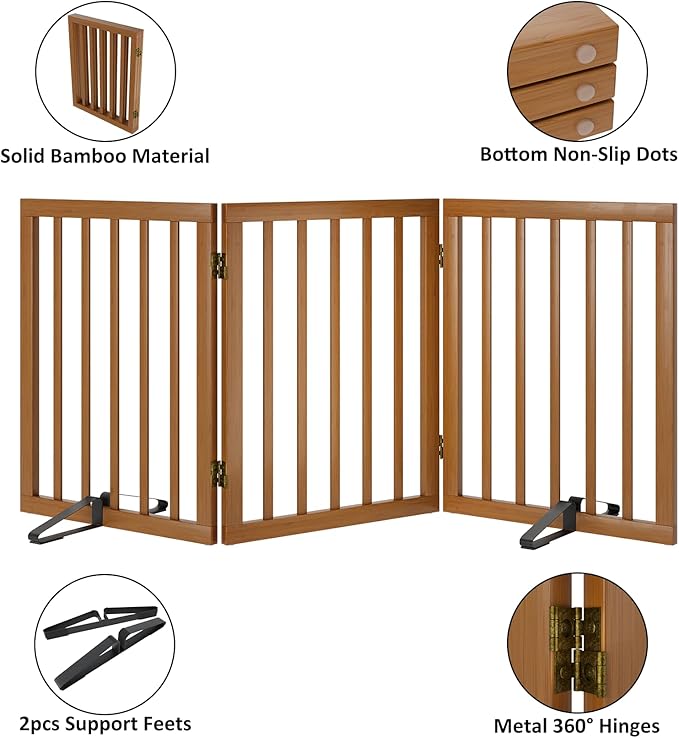 Freestanding Pet Gate Foldable Dog Gate (55 inches Wide) Walnut Bamboo Dog Gates for Stairs Doorways House (2 Support Feet Included)
